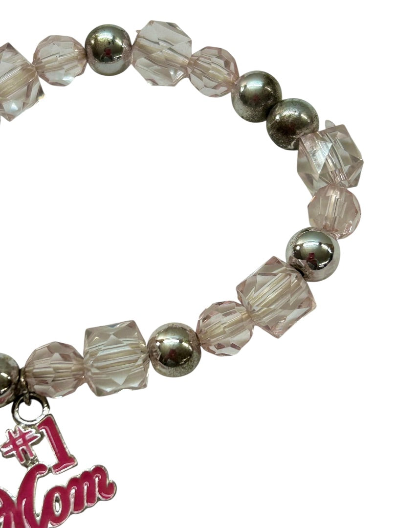 Stretchy Toggle Clasp Bracelet #1 Mom Charm Silver Pink