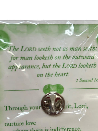 Religious Pin on Prayer Card Heart Cross God Measures Heart Goldtone