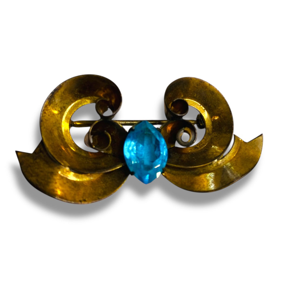 Vintage White Co Signed Gold Filled Brooch 1.75 Inch Bow Swirl Aqua