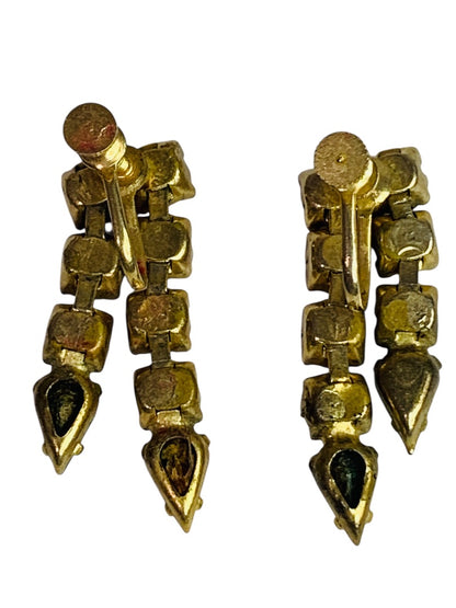 Vintage Clip On Screwback Earrings Goldtone Rhinestone Green 1.1 Inch Drop