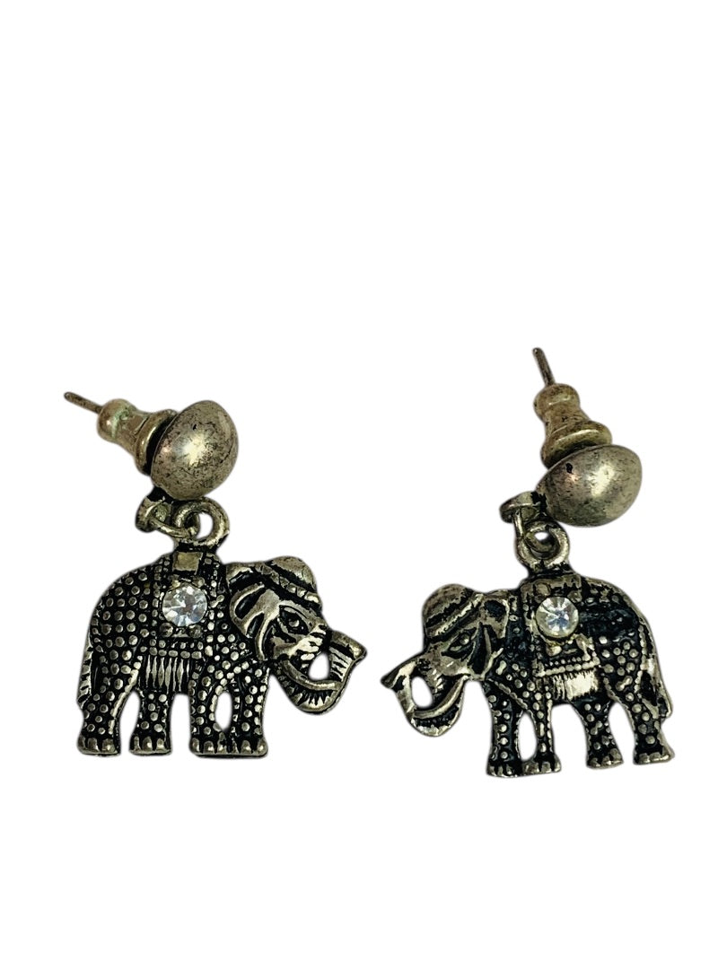 Vintage Silvertone Elephant Post Pierced Earrings 1.25 Inch Drop Trunk Up