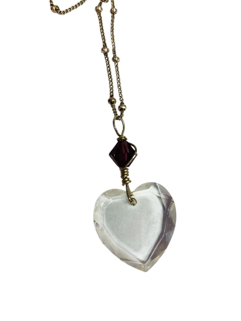 Silvertone Purple Acrylic Heart Pendant Necklace 12 Inch Spring Clasp