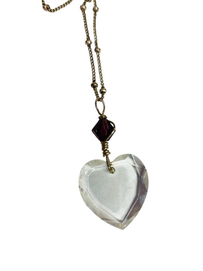 Silvertone Purple Acrylic Heart Pendant Necklace 12 Inch Spring Clasp