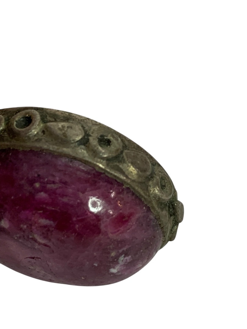 Polished Purple Stone Round Pendant Silvertone Setting 1.5 Inch Drop