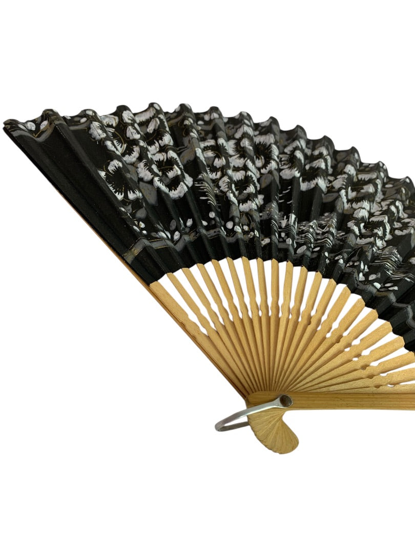 Vintage Paper and Bamboo Black Souvenir Hand Fan 8.5" Elizabeth Creighton Beauty Salon
