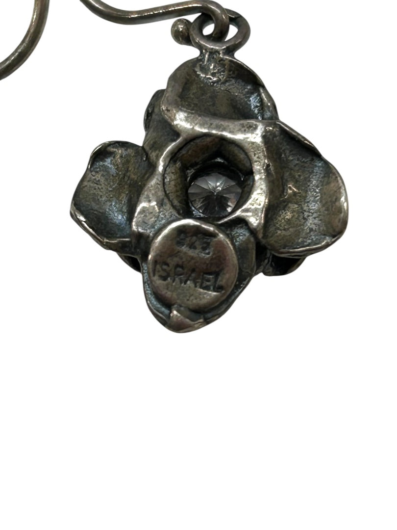 Sterling Silver 925 Fish Hook Pierced Flower Earrings Isreal 1" Drop