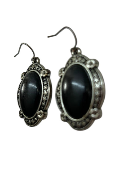 Silvertone Black Retro Style Fish Hook Earrings 1.5" Drop Dangle