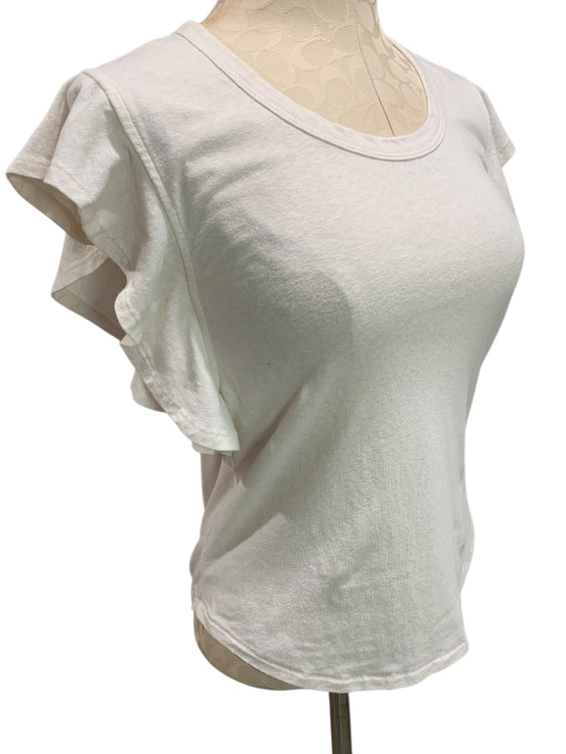 XS Loft Womens Off White Ruffle Sleeve Tshirt Top Scoop Neck