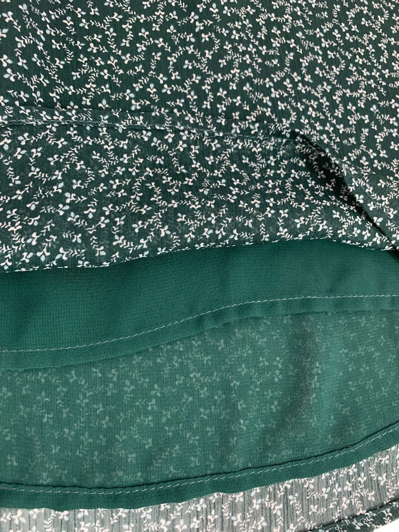 XS Loft Womens Emerald Green Popover Blouse Shirt Velvet Trim Floral