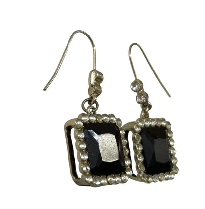Lightweight Silvertone Black Acrylic Earrings 1.75 Inch Drop Dangle