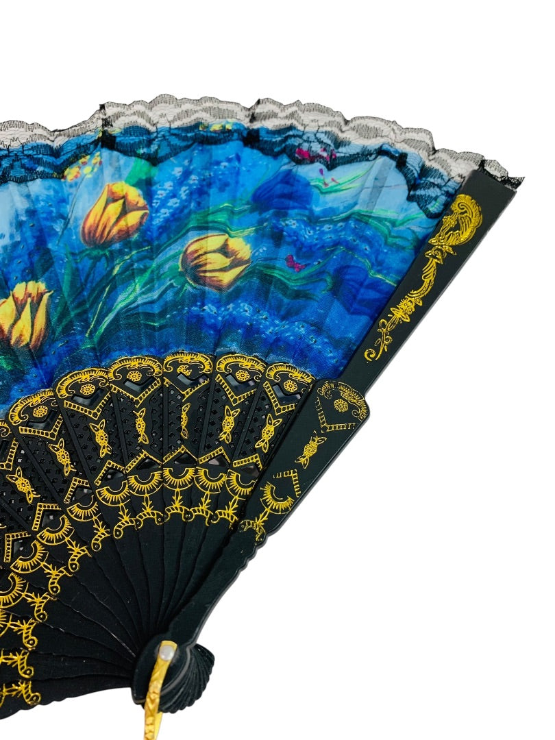Vintage Fabric Handfan Plastic Ribs lace Goldtone Detail Tulips 9.5 Inch