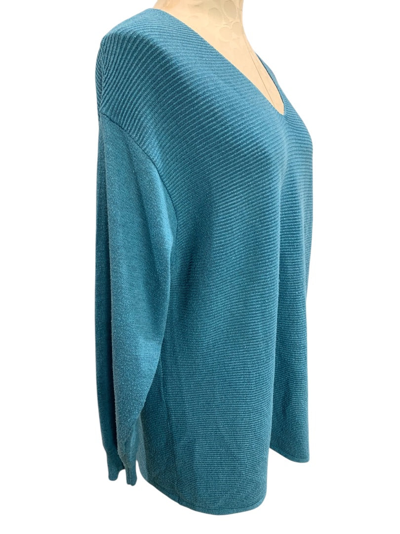XL Ella Moss Womens V-Neck Sweater Teal Horizontal Ribbed Knit