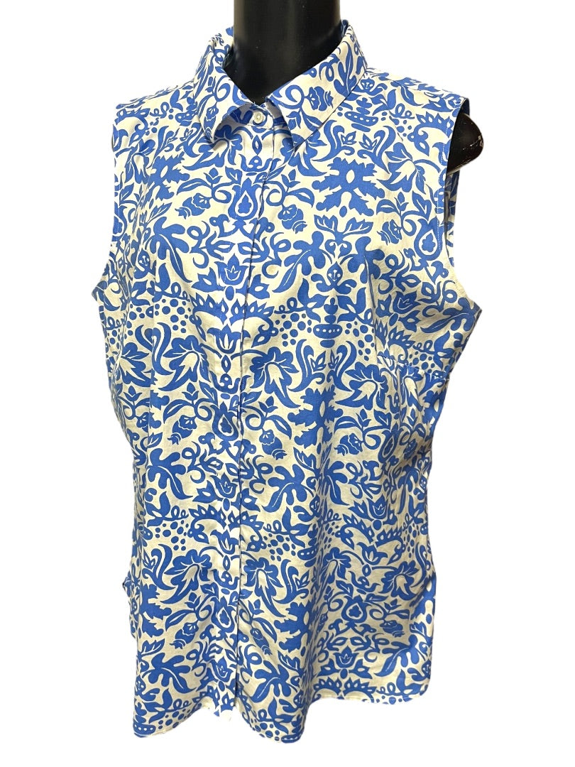 Size 16 Talbots Button Up Wrinkle Resistant Sleeveless Floral Shirt Blue