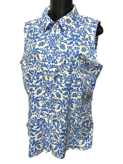 Size 16 Talbots Button Up Wrinkle Resistant Sleeveless Floral Shirt Blue