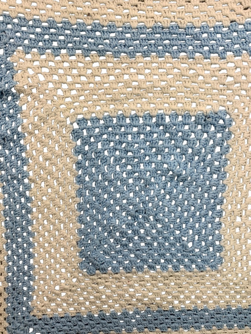Vintage Crochet Afghan Blanket Throw 38" Square Blue White