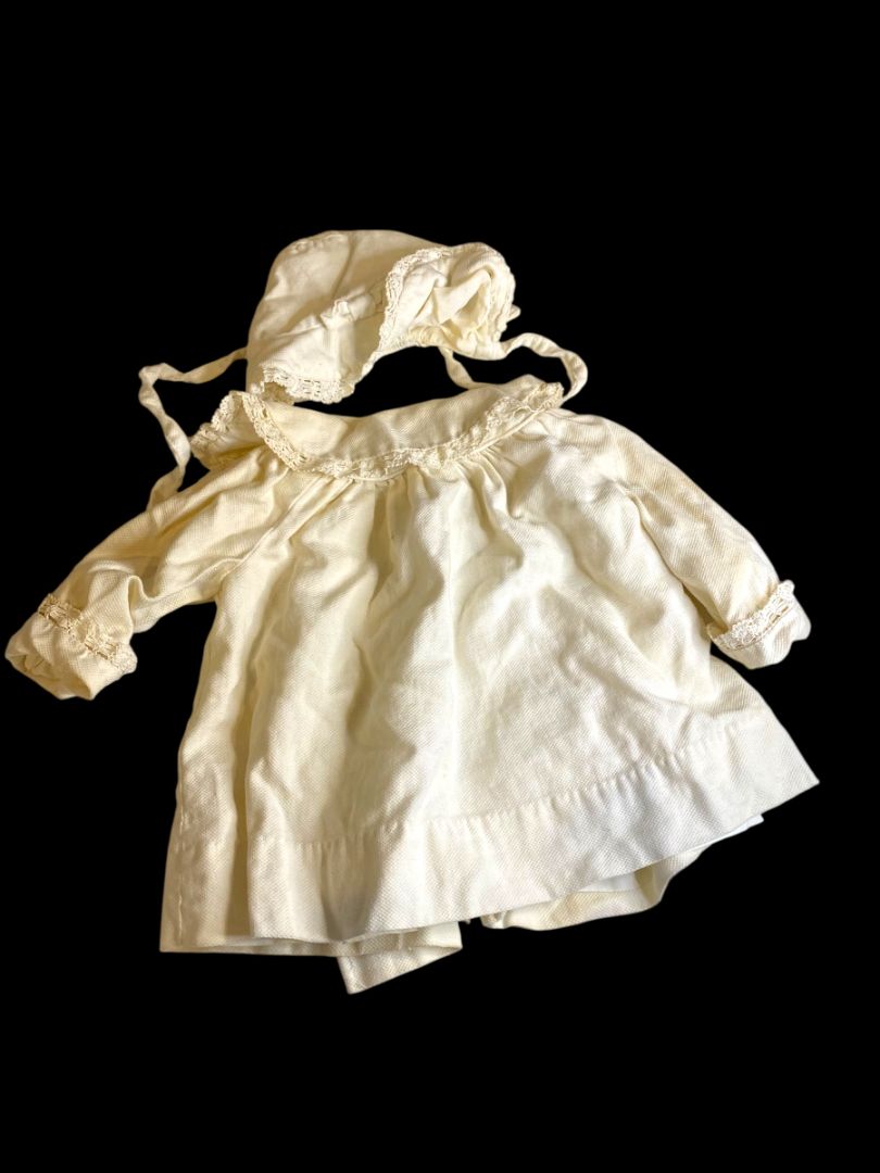 Infant Dress and Bonnet Vintage Breman and Tanner Ivory Lace Trim