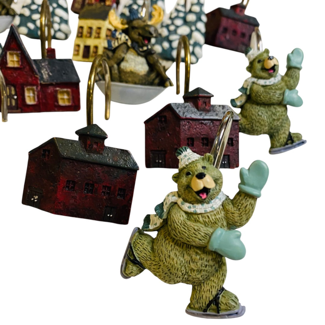 Set of 20 Holiday Winter Shower Curtain Hooks Bear Barn Tree Snow