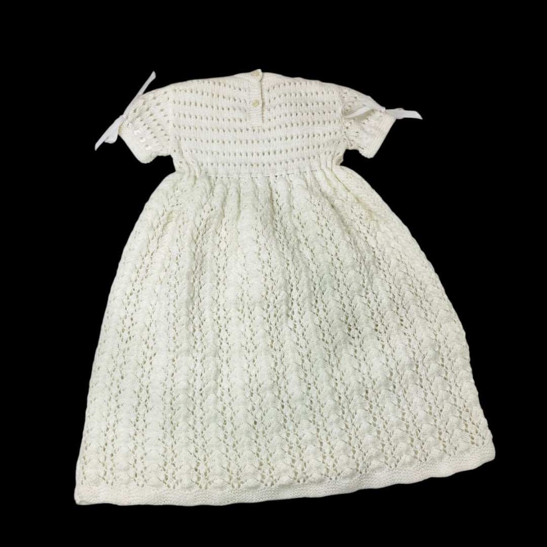Vintage Infant Baby Dress Hand Crochet Knit White Ribbon Detail