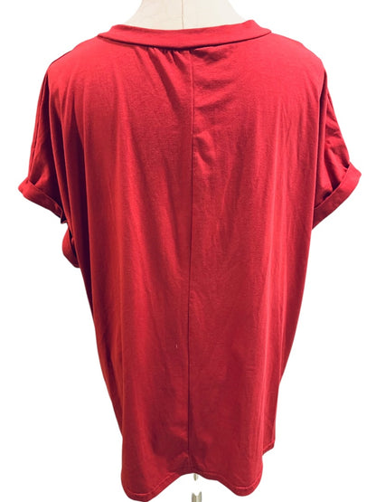 XXL Womens Red Short Sleeve Tshirt Button Embellished V-Neck Pullover