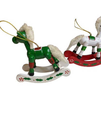 Vintage Wooden Christmas Holiday Ornaments Rocking Horse 4"