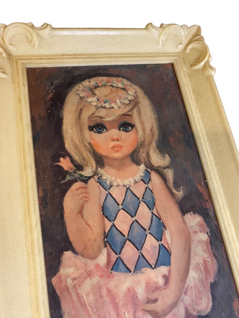 1960s Goji Print Big Eyed Ballerina Girl in Soroka USA Plastic Frame 18" x 7"