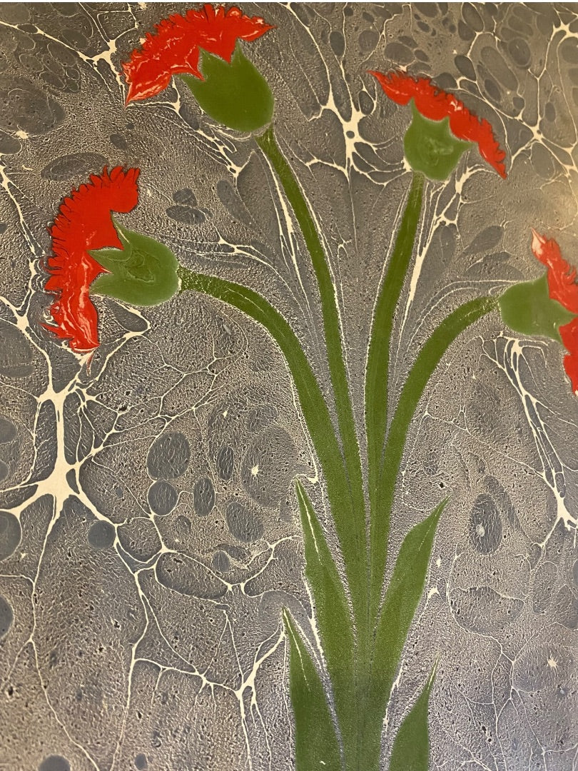 Turkish Ebru Painting Marbling Framed Flowers 17.5" x 11.5" Red Blue