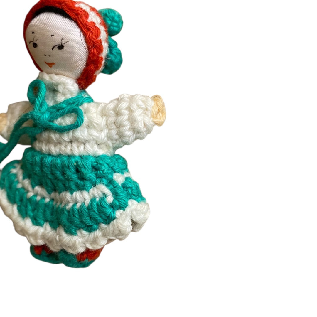 Vintage Amigurumi Japanese Miniature Crochet Girl Doll 2" Silk Face Hanging