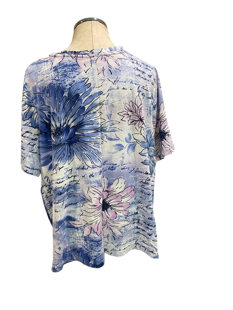 1X Liz & Me Womens Floral Print V-Neck Tshirt Short Sleeve
