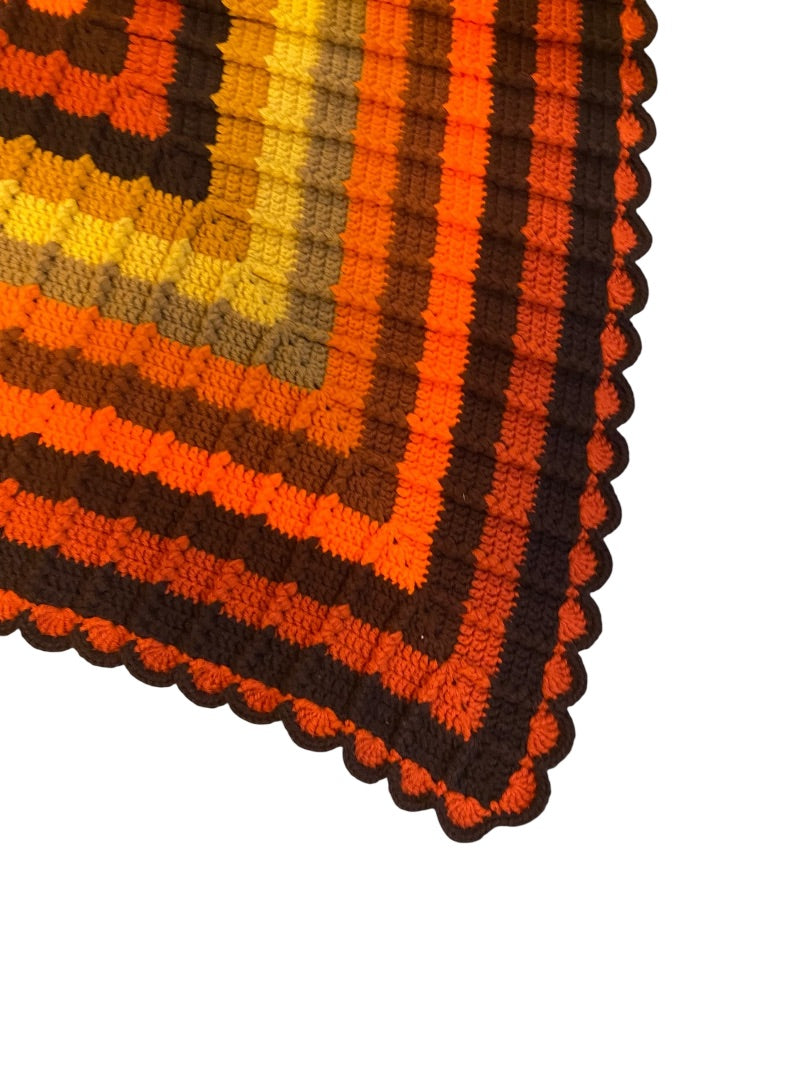 MidCentury Crochet Needlework Afghan Peacock 86" x 69" Orange Brown