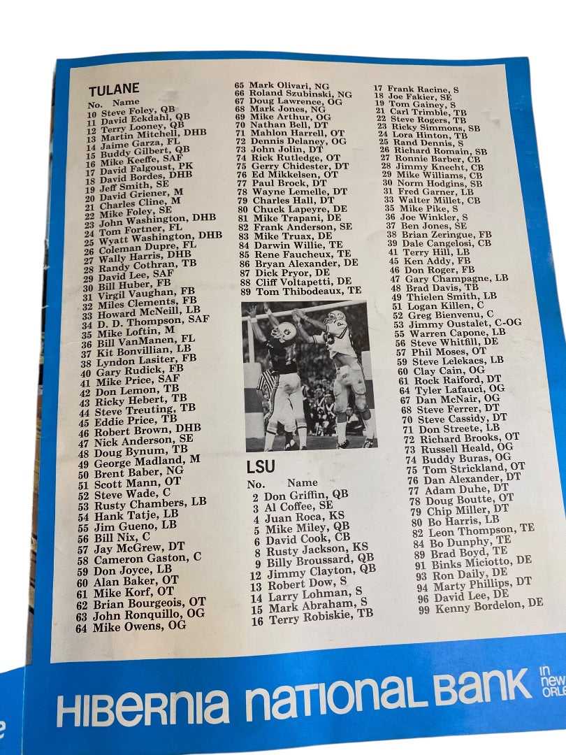 1973 LSU v Tulane Football Program Mike Miley Brad Davis Steve Foley Robiskie