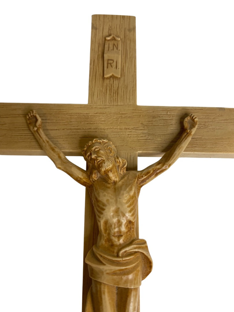 Vintage Plastic Cross Jesus INRI 12" Wall Hanging Wood Look