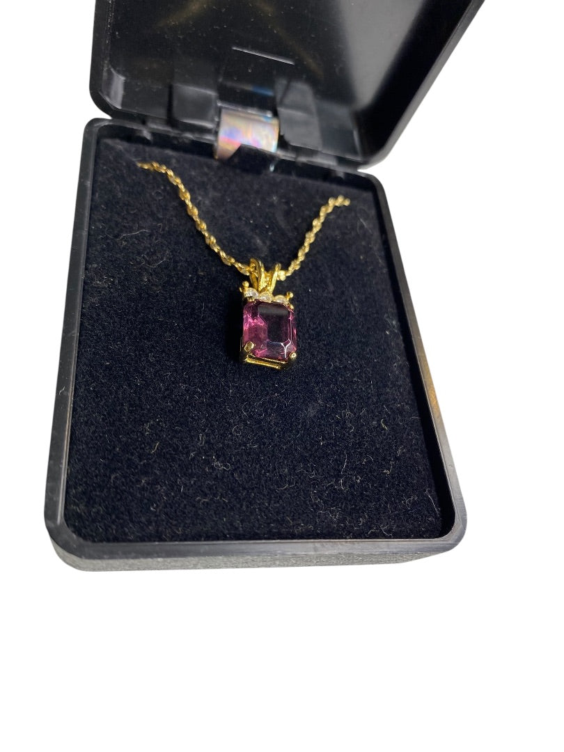 Goldtone Pendant Necklace Emerald Cut Purple Glass 17.5" Chain