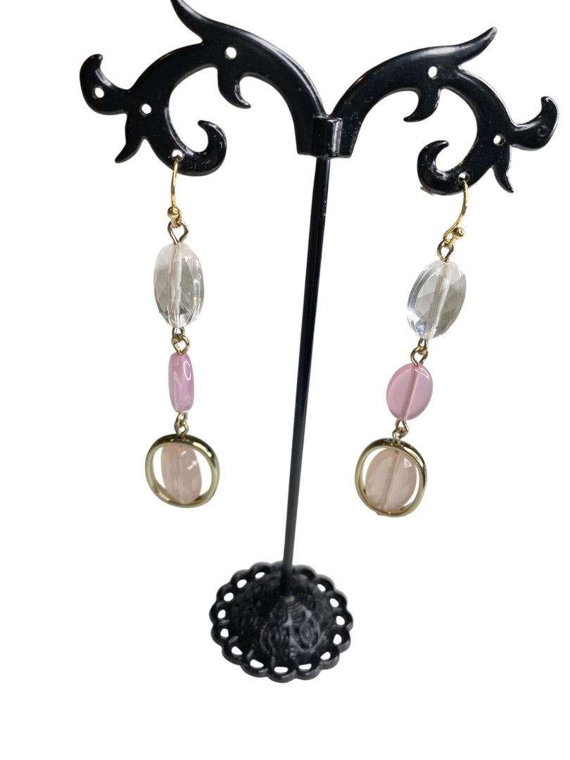 Goldtone Pink Clear Bead Pierced Fishhook Earrings 2.5" Drop