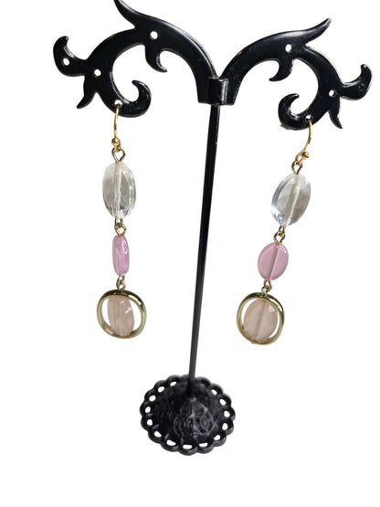 Goldtone Pink Clear Bead Pierced Fishhook Earrings 2.5" Drop