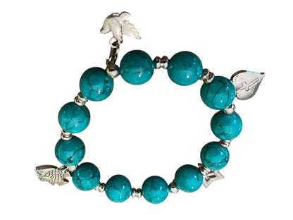 Beaded Stretch Silvertone Fish Dove Star Religious Stretch Bracelet Bright Blue