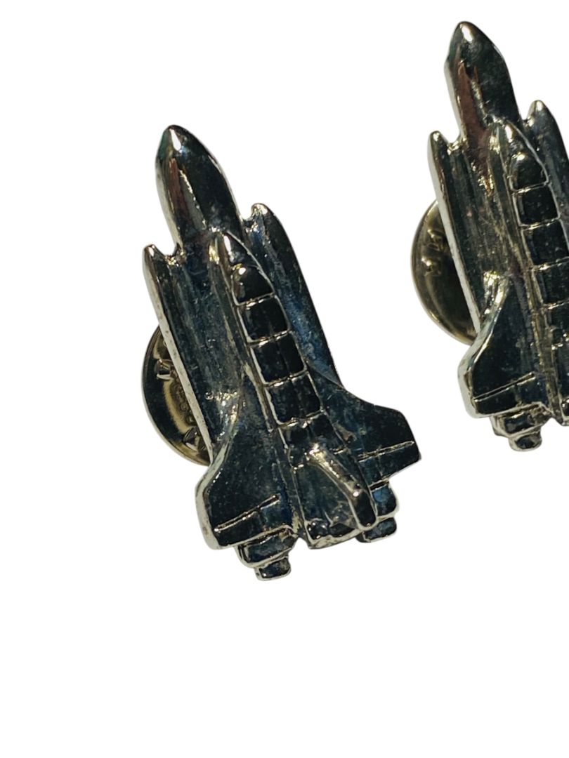 Pair of Vintage Space Shuttle Silvertone Lapel Pins Butterfly Back 1.25"