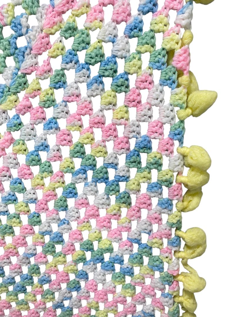 Vintage Crochet Baby Blanket Pastels 44" Square Yellow Pom Pom Trim