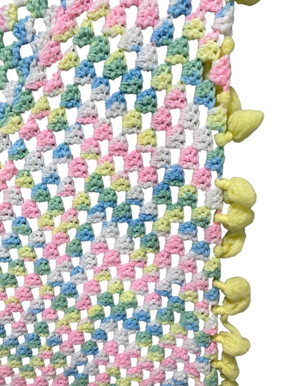 Vintage Crochet Baby Blanket Pastels 44" Square Yellow Pom Pom Trim