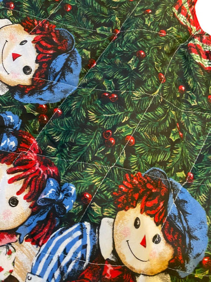 Vintage Christmas Tree Skirt Raggedy Ann Andy Quilted Fabric Christmas Tree Skirt 53" Red Satin Back
