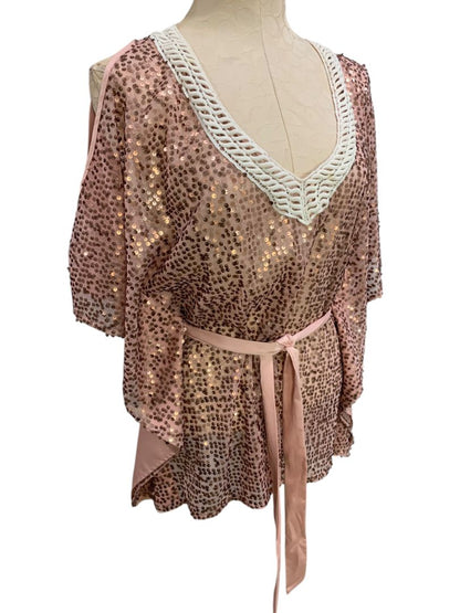 Size Medium XOXO Womens Pink Sequin Belted Blouse V-Neck