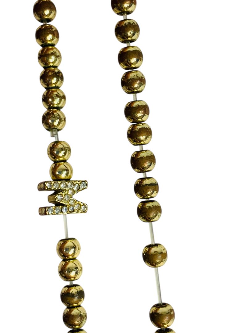 Goldtone Metal Beaded Stretch Bracelet Initial "M"