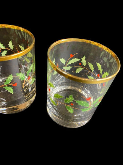 Vintage Mikasa Set of 2 Double Old Fashioned Glasses Holly Berry Ribbon Gold Trim