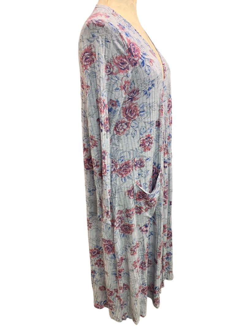 Small LulaRoe Womens Sarah Duster Long Cardigan Gray Floral Pockets