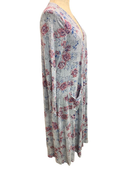 Small LulaRoe Womens Sarah Duster Long Cardigan Gray Floral Pockets