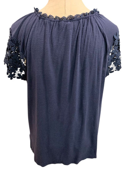 Size Large Adiva Womens Soft Navy Blue Boho Shirt Lace Short Sleeve