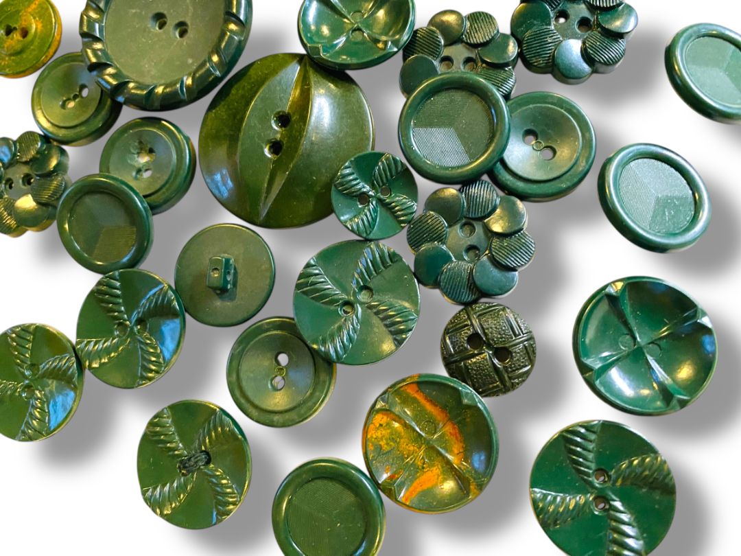 Lot of 37 Midcentury Plastic Buttons Assorted Dark Green Craft Sew
