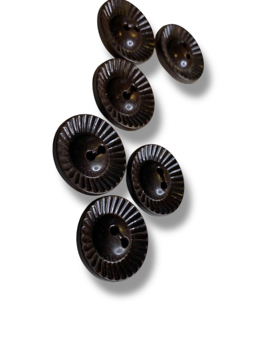 Set of 6 Midcentury Black Plastic Buttons  Sunburst Craft Sew .9" Diameter