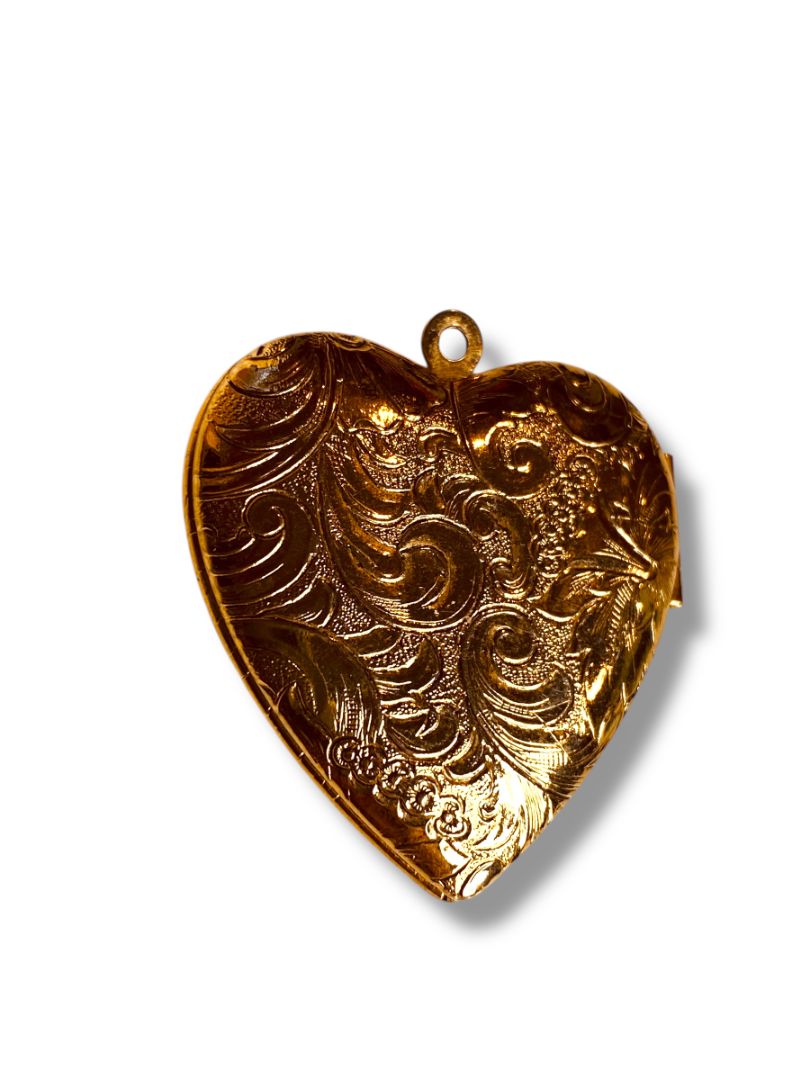 Embossed Heart Pendant Locket Goldtone Hinged for 2 Photos 1.2" (31mm)