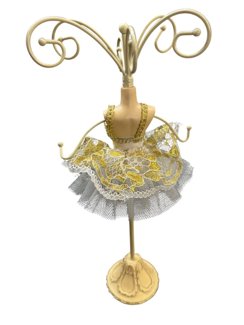 Ballet Ballerina Jewelry Stand Ivory Gold Tutu 9.5" Metal
