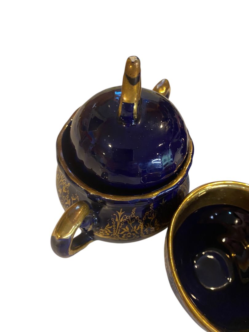 Vintage Cobalt Gold 3 Piece Tea Set Sugar Creamer Cup